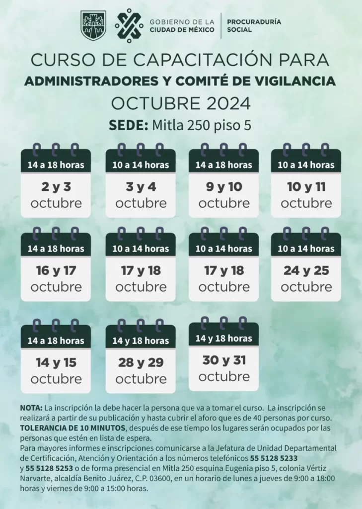 Fechas curso Administradores y comité de vigilancia PROSOC CDMX
